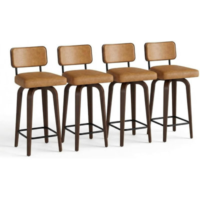 Ensemble de 4 tabourets de bar pivotants de 26 po avec dossier et pieds en bois de noyer, tabouret de bar Mid-Century pour comptoir de cuisine, tabourets de bar en similicuir