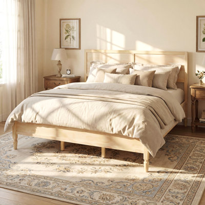 King Size Wood Platform Bed Frame with Classic Panel Headboard, Wooden Slats Support, No Box Spring Needed, Easy Assembly, Natural