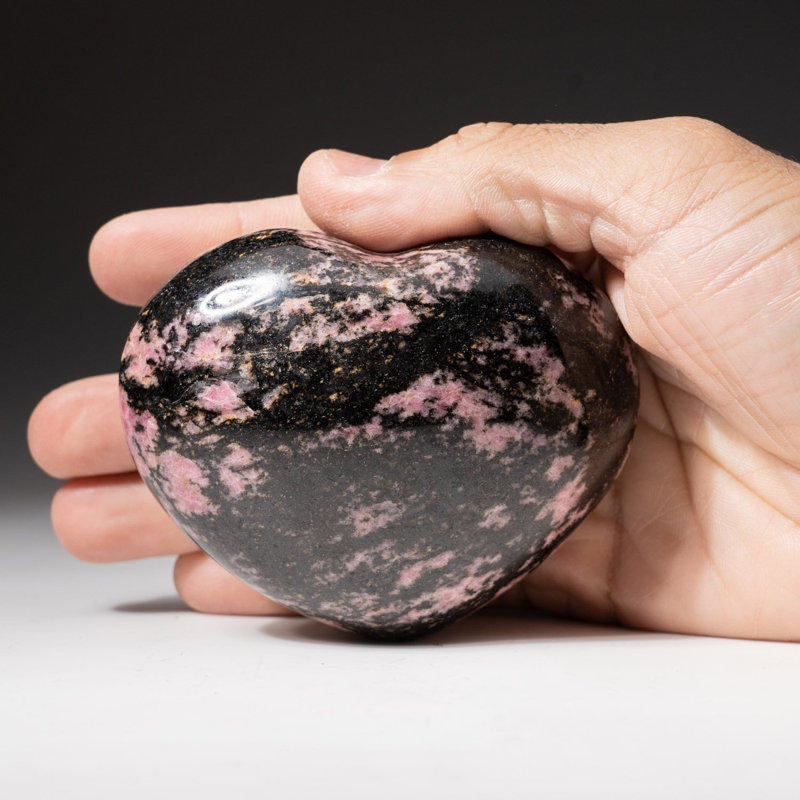 Polished Imperial Rhodonite Heart From Madagascar (400 Grams), 3" H x 1.5" W x 3.75" D, Black/Pink