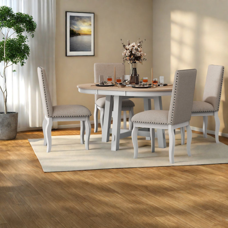 Extendable Solid Wood Dining Table Sets(Must include both Table and Chair), Farmhouse Dining Home, Beige 2