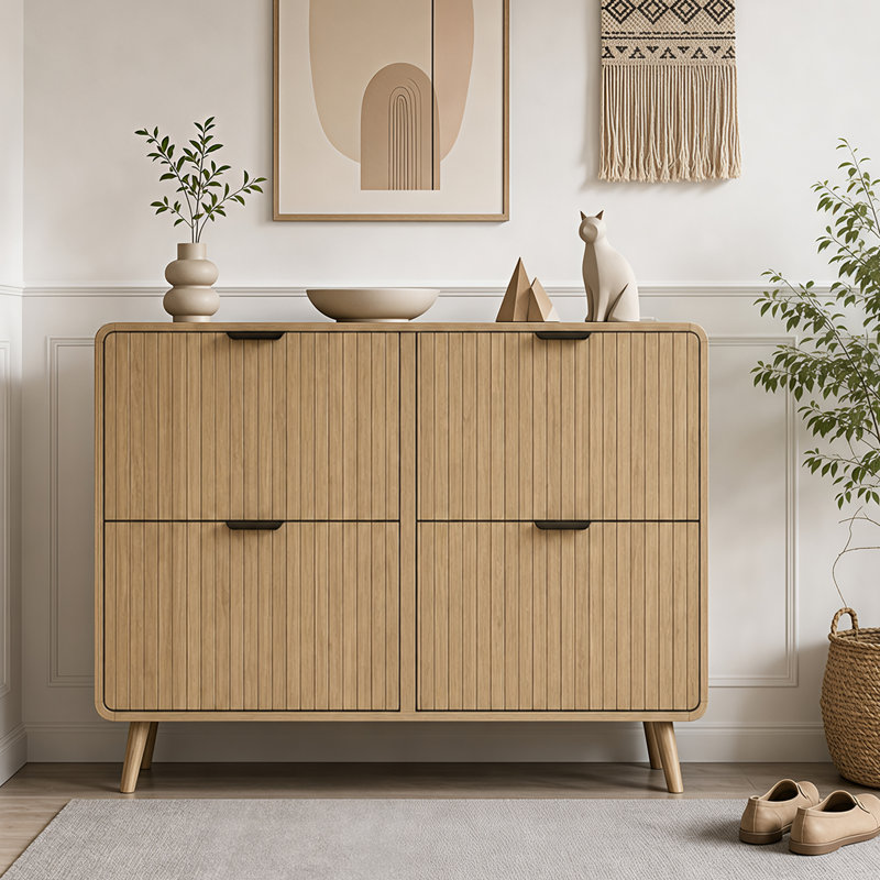 Slim Freestanding Shoe Cabinet for Entryway – Narrow Wooden Hallway Organizer, Natural Wood Color