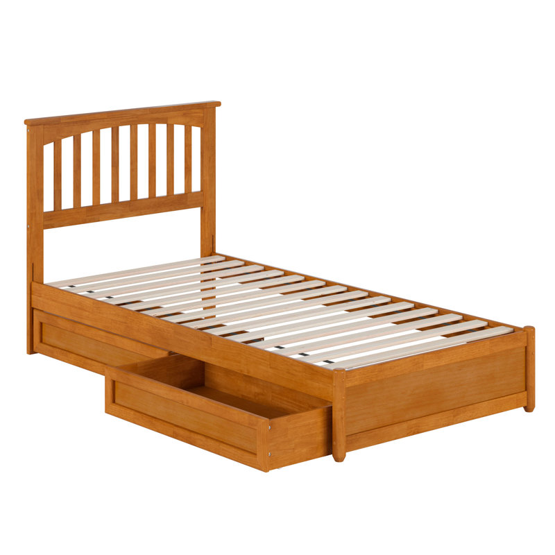 Lit plateforme en bois massif avec pied de lit et tiroirs sous le lit Asparas, Simple TG, Caramel clair