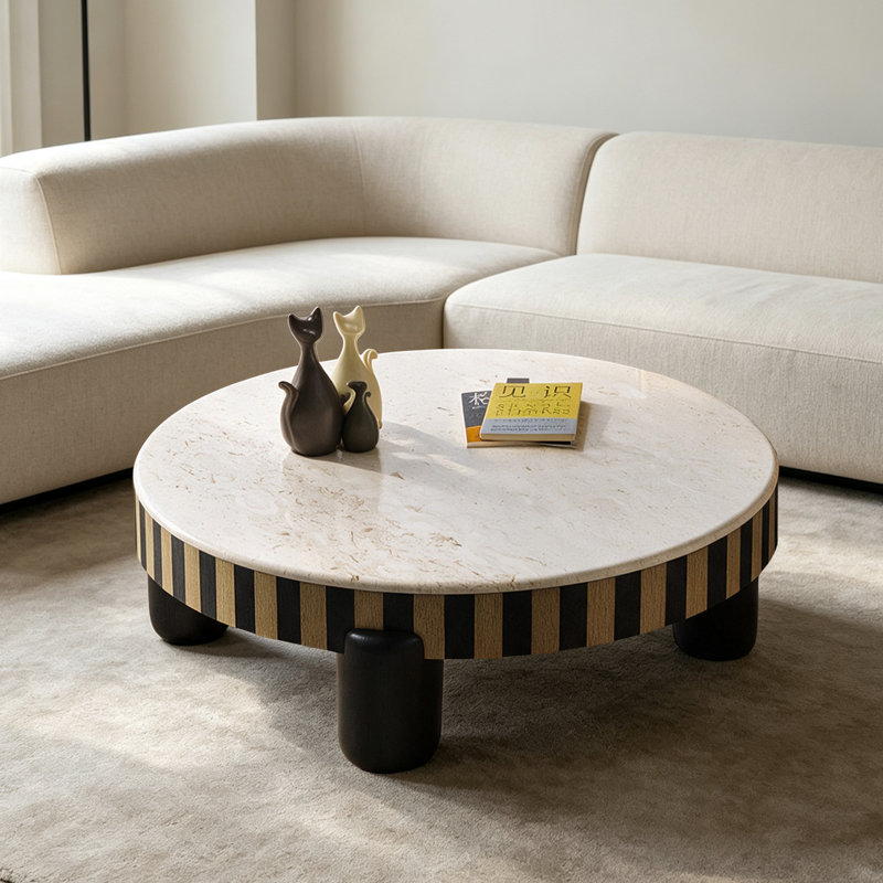 table basse de rangement ronde en marbre italien, Blanc cassé / noir
