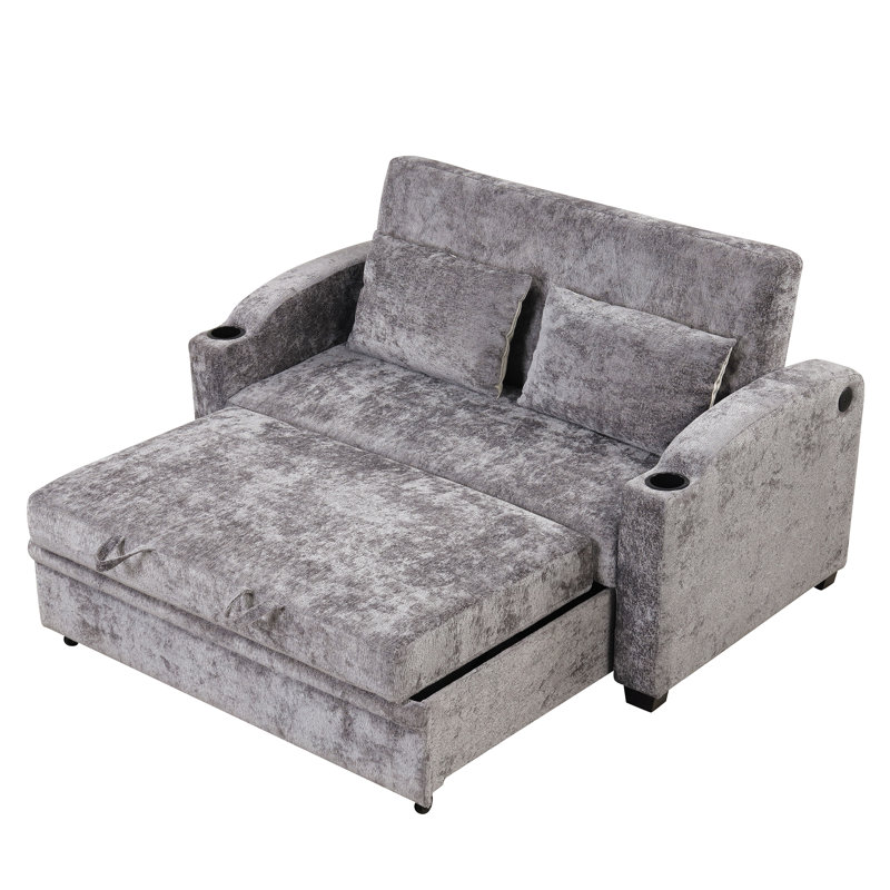 Canapé-lit convertible 61,6 po en chenille convertible moderne avec dossier réglable, 2 coussins, porte-gobelets, ports USB pour le salon, appartement