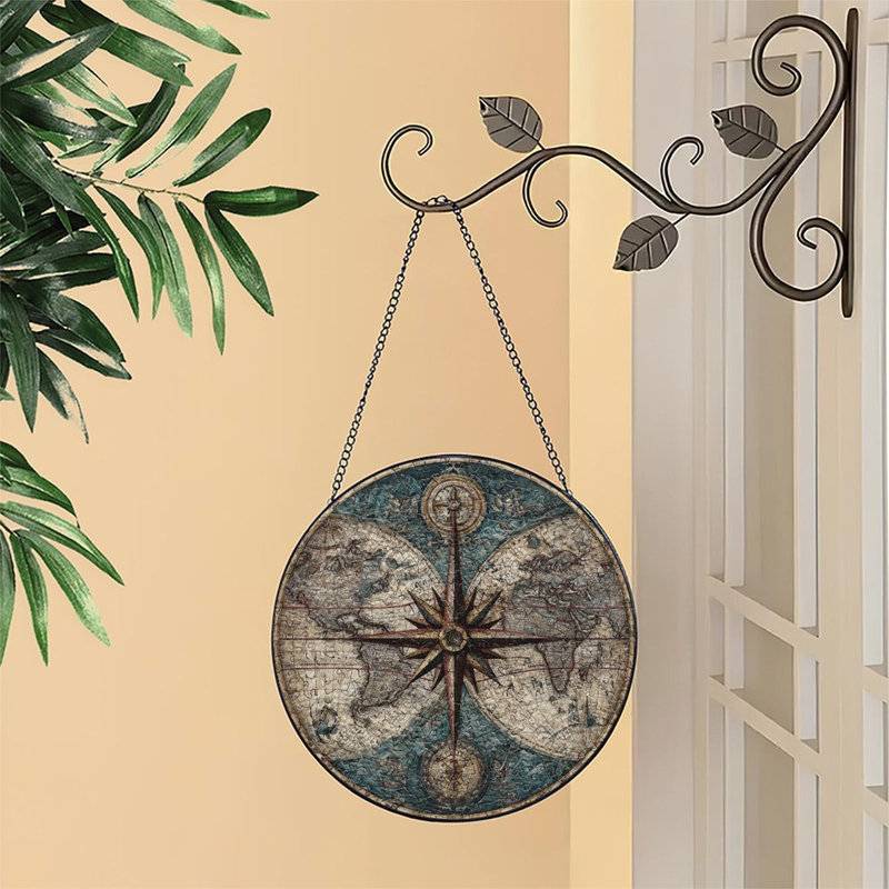 Mappemonde antique, boussole, vitrail, panneaux de verre, Suncatcher pour décor de fenêtre, 6,3 x 6,3 po (16 x 16 cm)
