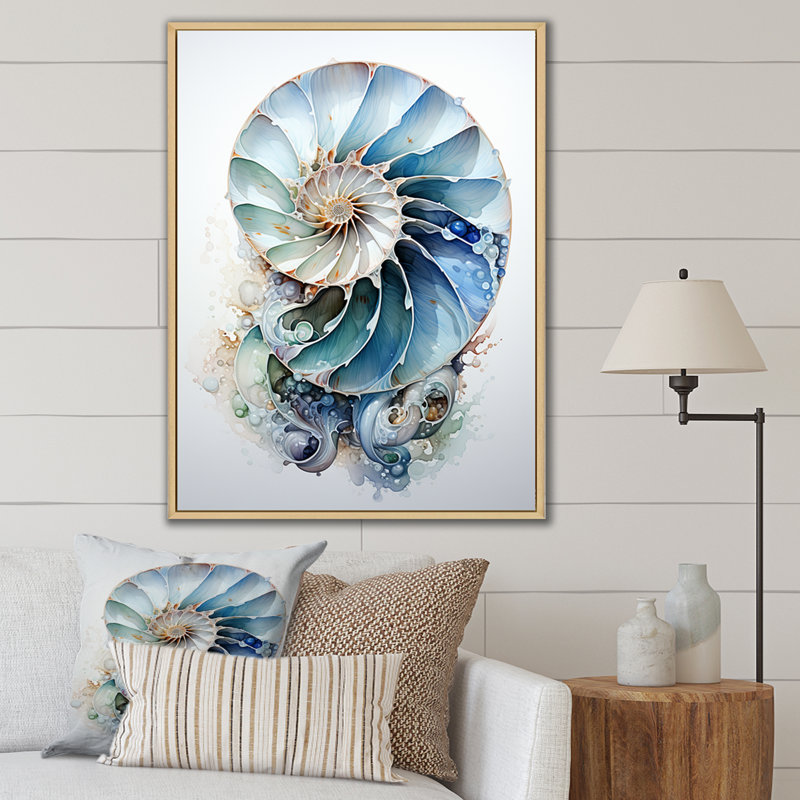 Nautilus Ocean Blue Sheels Symetry - Nautilus, art mural, Reproduction avec cadre flottant, H 40 po x l 30 po, Érable