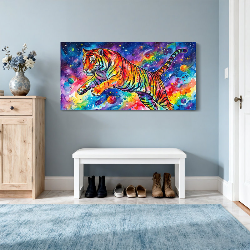 Animaux, tigre coloré, impression de fond cosmique, H 16 po x l 32 po