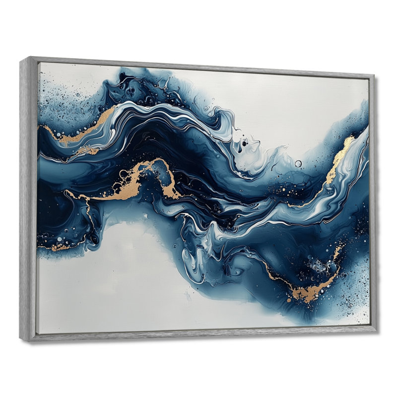 Or et bleu céleste fluidité III - encre liquide, art mural, H 12 po x l 20 po, Cadre flottant, Naturel