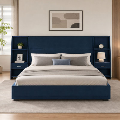 Queen Size Platform Storage Bed With Bedside Bookcase Headboard & Drawers