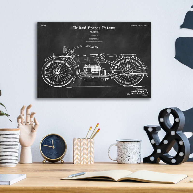 «Vintage Motorcy Blueprint Vernis Chalkboard» par Acrylique, art mural en verre, H 12 po x l 16 po x P 0,13 po