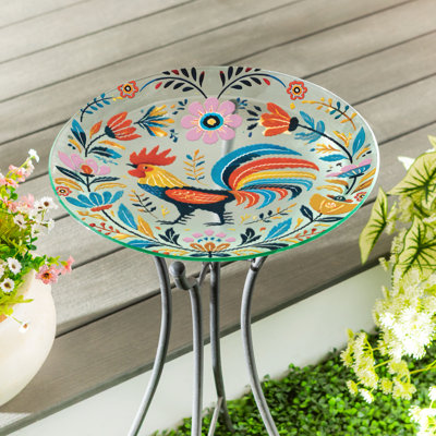 Folk Art Rooster Glass Birdbath, 18in