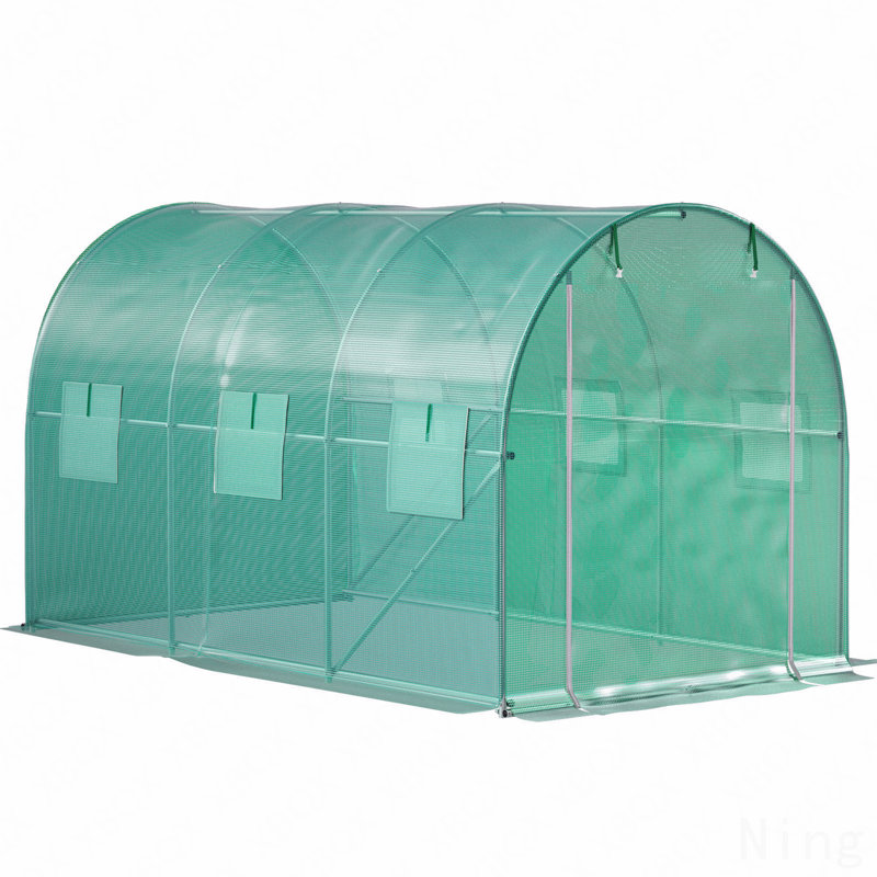 Walk-in Tunnel Greenhouse, 12 x 7 x 7 ft Portable Plant Hot House w/ Galvanized Steel Hoops, 1 Top Beam, Diagonal Poles, Zippered Door & 6 Roll-up Windows, Green