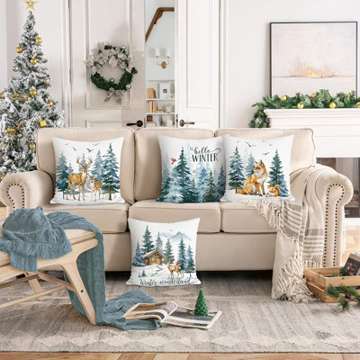 Couvre-oreiller Bonhause Hello Winter 18 x 18 pouces, renard, écureuil, neige, pin, arbres décoratifs, taies décoratives pour canapé-lit, ensemble de 4 décorations pour les fêtes à la maison