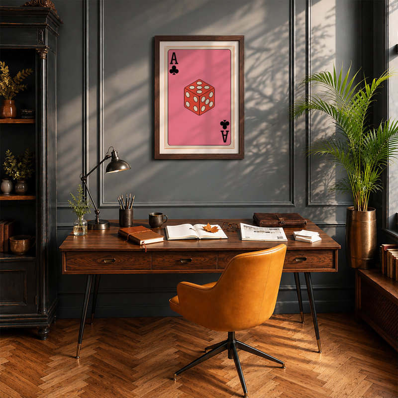 Ace of Clubs with Die Graphic Art 1 Piece Single Picture Frame Wall Art, A4 - 29.7 x 21.0 cm, Walnut