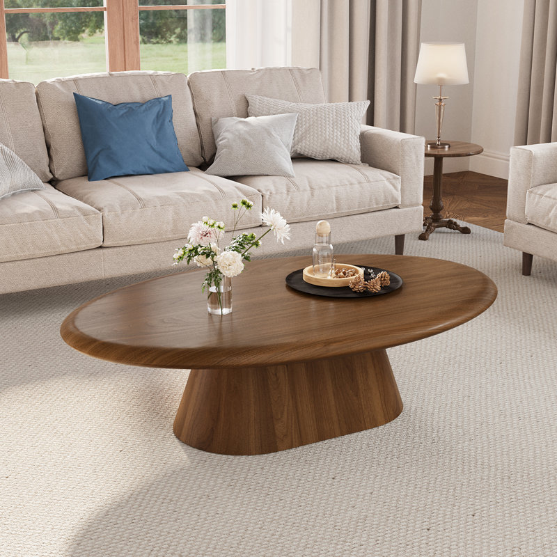 Table basse ovale de 51,18 po de style Mid-Century moderne en bois avec piédestal en bois pour le salon, la maison, le bureau, brun