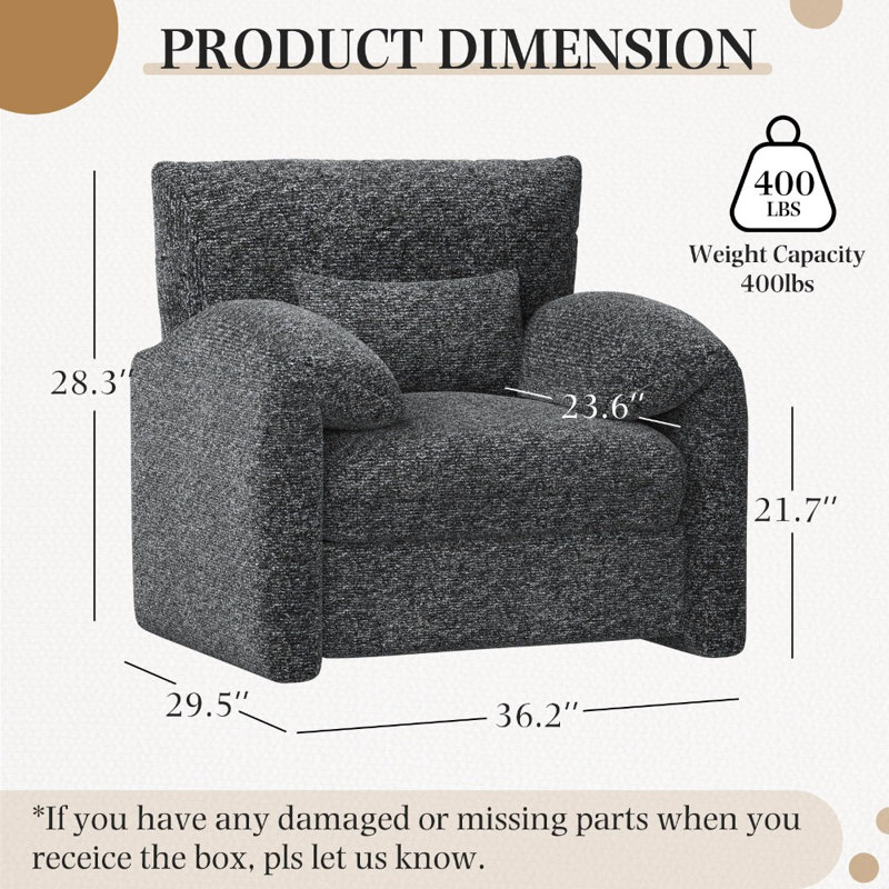 Fauteuil surdimensionné avec accoudoirs confortables Mid-Century, Chenille noir