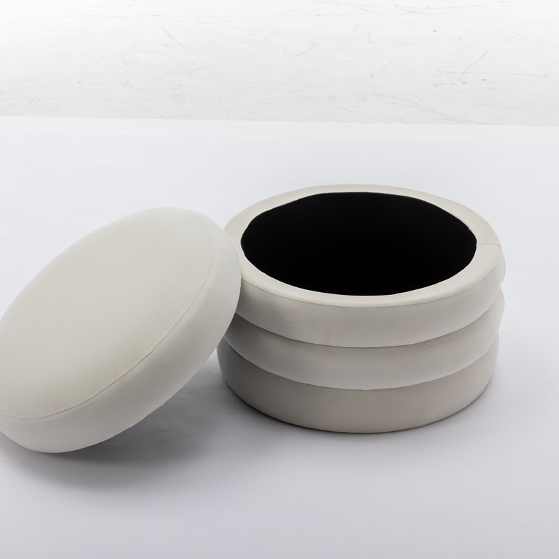 Round Upholstered Velvet Ottoman, Ivory