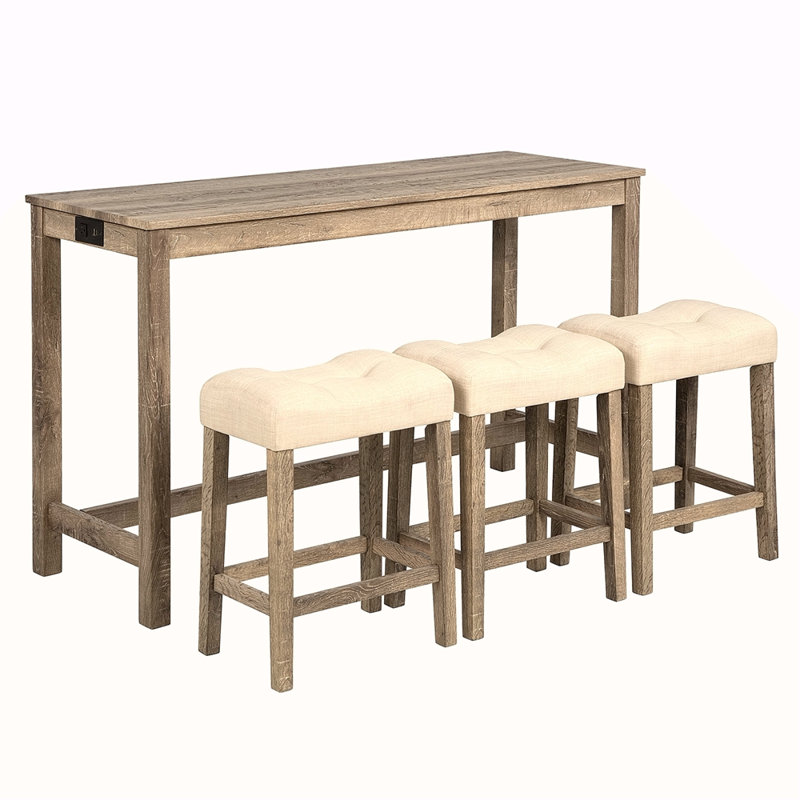 4 Piece Bar Table Set With Power Outlet,Bar Table Set With Chairs,Sofa Bar Table With Stools,Behind Couch Table With 3 Padded Stools,For Living Room,Dining Room