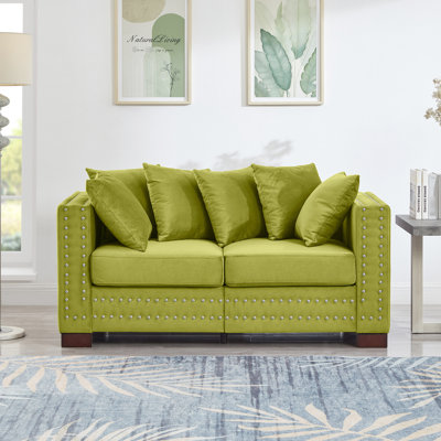 Siège moderne en velours à 2 places avec accoudoirs carrés et clous argentés, sièges confortables, espace de rangement, sièges à ressorts ensachés et coussins amovibles, housses de coussin amovibles