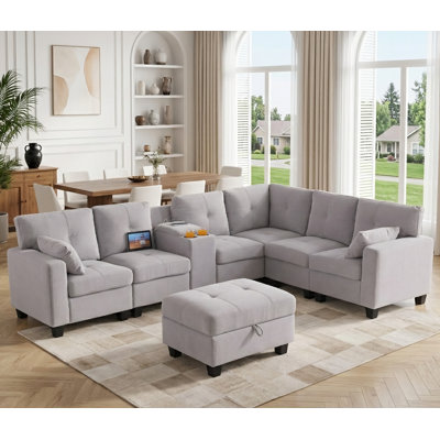 Canapé modulaire rembourré 8 pièces avec ports USB et repose-pieds avec rangement Chesham