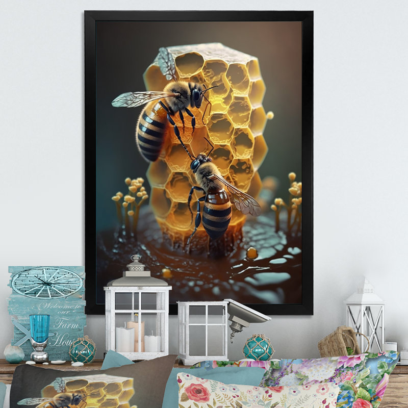 Honey Bees - reproduction sur toile, H 20 po x l 12 po x P 1 po, Impression noire sur toile encadrée