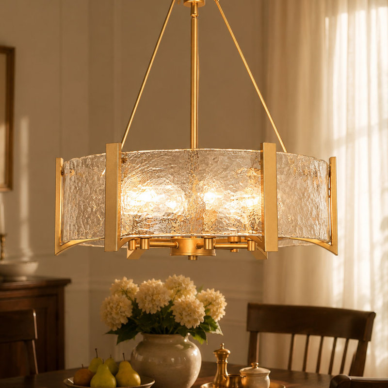 Hanshelmut 6-Light Shaded Gold Drum Chandelier with Ripple Glass