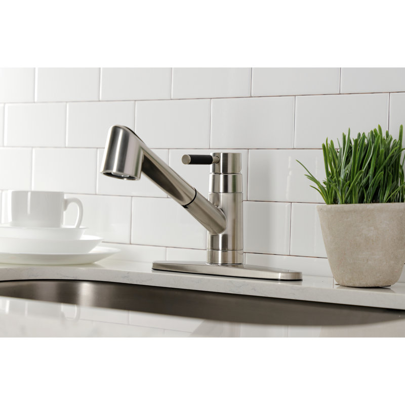 Kingston Brass Kaiser Single-Handle 1-or-3 Hole Deck Mount Pull-Out Sprayer Kitchen Faucet, Brushed Nickel