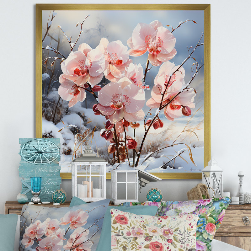 Charme d'orchidées roses en hiver, H 36 po x l 36 po x P 1,5 po, Cadre doré simple