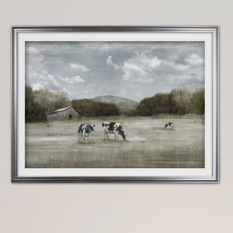 « country satisfaction », reproduction de peinture à l’acrylique encadrée, H 30 po x l 40 po x P 1,5 po, Argent