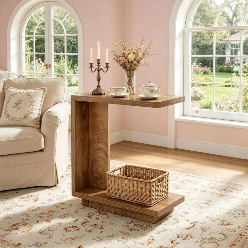 Table de bout en bois en forme de C avec 2 tablettes de rangement ouvertes, table de chevet épaisse en MDF et table de chevet imperméable anti-rayures pour le salon Chambre à coucher