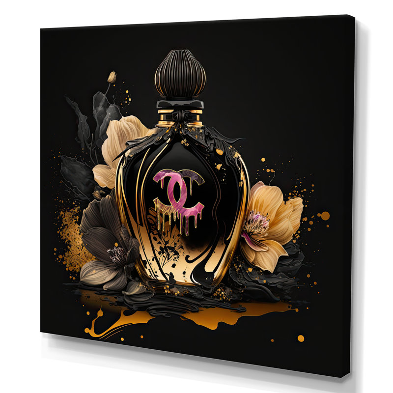 «Chic Black and Gold Perfume Bottle II», art sur toile tendance, H 36 po x l 36 po x P 1,5 po, Toile tendue