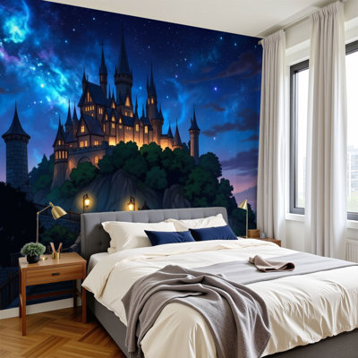 Peel and Stick Wallpaper 96" W x 69" H Modern Self Adhesive Wall Mural for Bedroom Majestic Gothic Castle Hill Under Starry Sky Dusk Dark Academia
