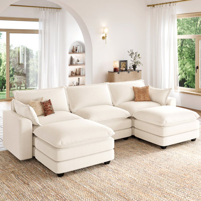 U Shaped Sectional Sofa with Ottoman, Beige