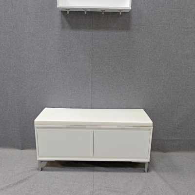 Wall-Mounted Entryway Shelf with Hooks And Storage Bench Set, Modern White Shoe Cabinet with Cushion And Closed Storage for Hallway, Bedroom, Or Mudroom