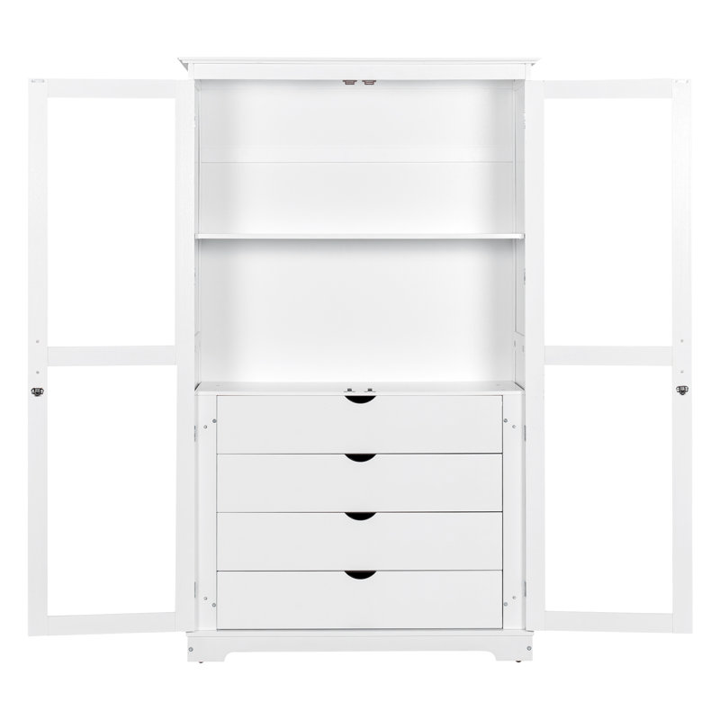 Garde-manger de 44,7 x 20 x 75 po, armoire de rangement autoportante avec portes en verre et 4 tiroirs intégrés, Blanc