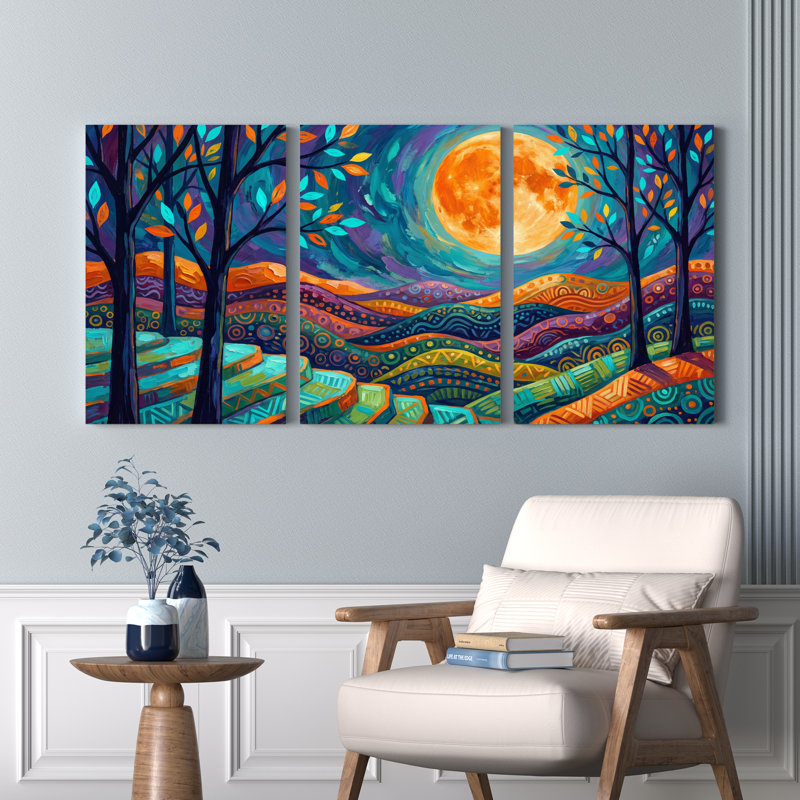 Paysage abstrait avec lune et arbres, reproduction d'art sur toile tendue sur toile, ensemble de 3, 1624