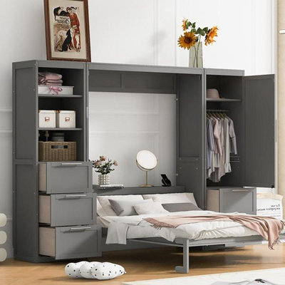 Grand lit escamotable mural avec placard, tiroirs et tablettes