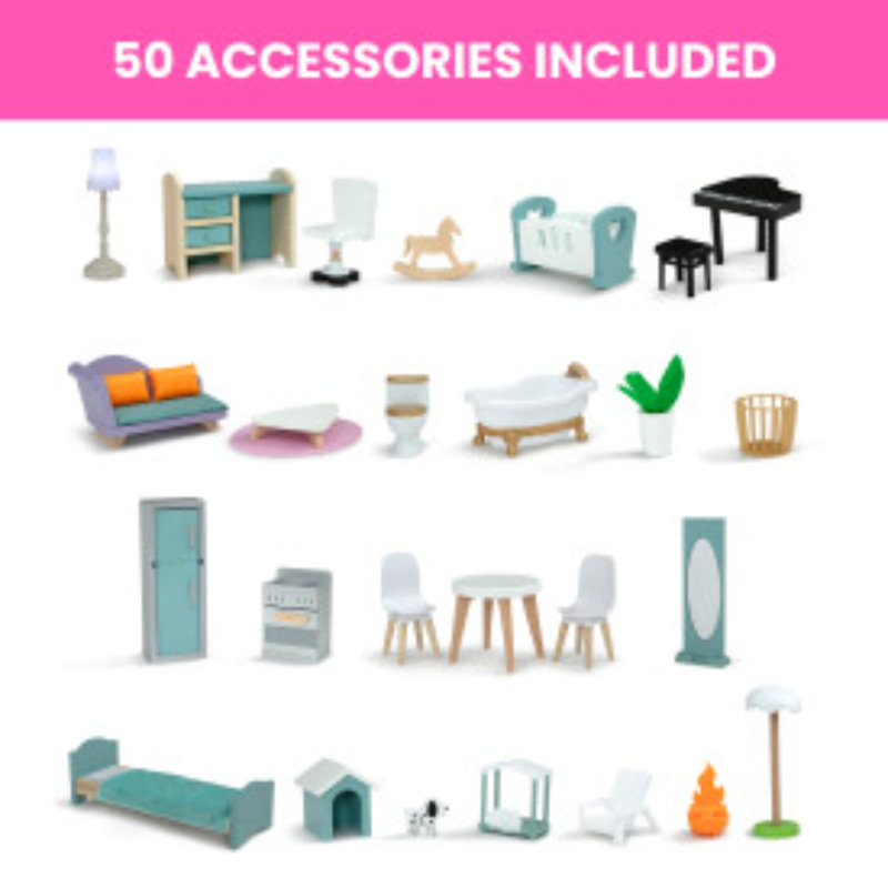 Maison de poupée deluxe pour enfants Delta - Maui - Grande maison de poupée de 4 étages avec 12 pièces comprenant 50 accessoires - Élévateur fonctionnel, glissoire à vagues, lumières / sons - Convient aux poupées de 12 pouces - Cadeau de jeu pour enfants de 3 ans et plus