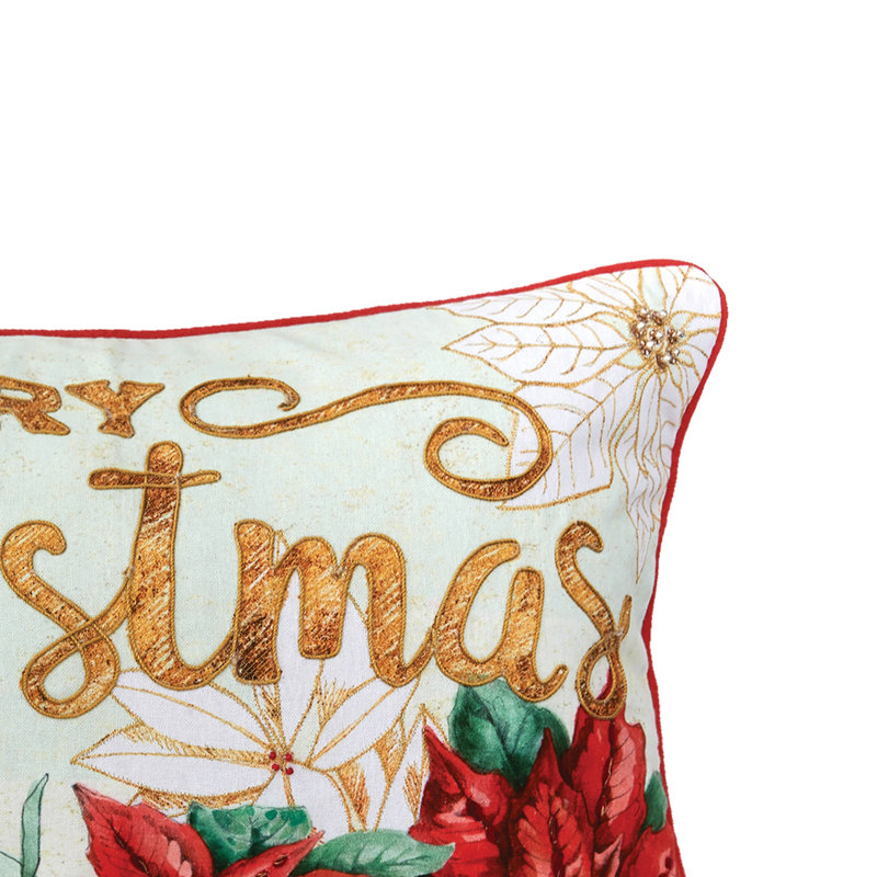Merry Christmas Embroidered Cotton Throw Pillow with Poinsettia Design