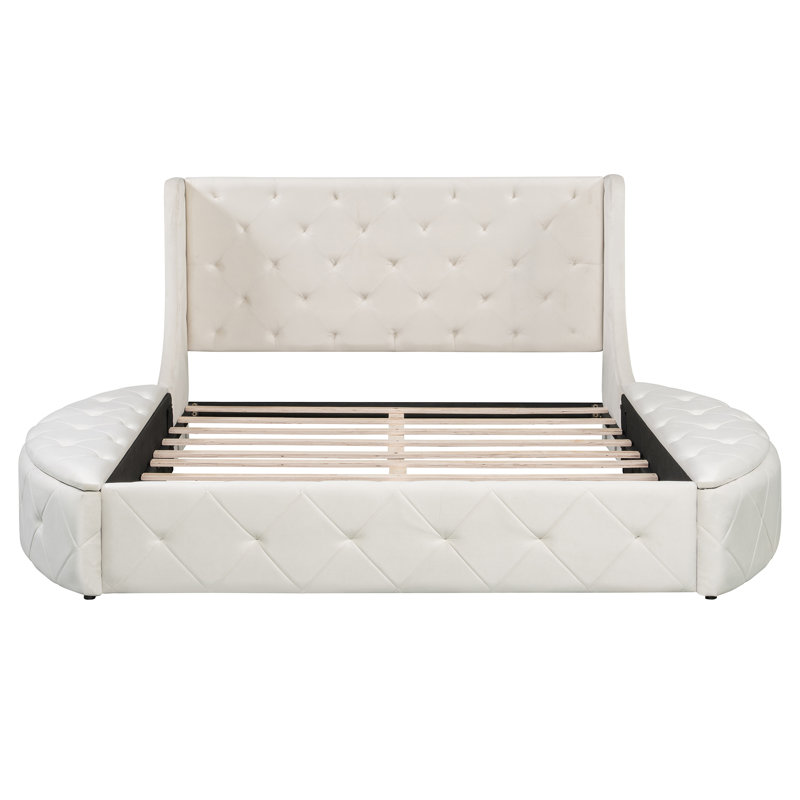 Lit plateforme tapissier en velours avec tête de lit à oreilles, 1 grand tiroir et 2 tabourets de rangement latéraux, Beige