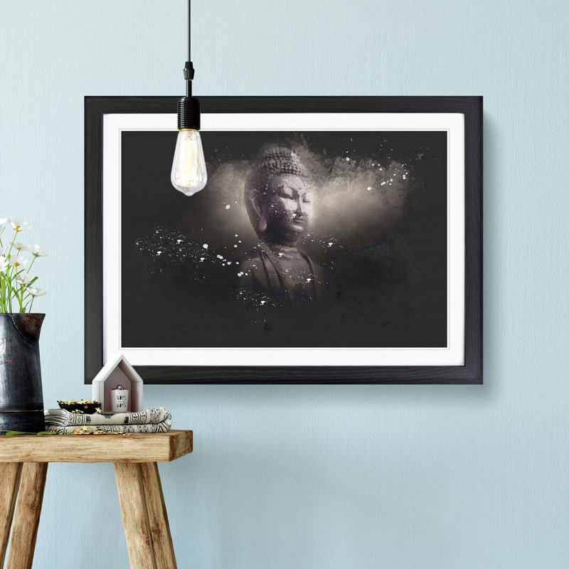 Buddha In A Mist Paint Splash - Picture Frame Graphic Art, 24cm H x 33cm W x 2cm D, Black Framed