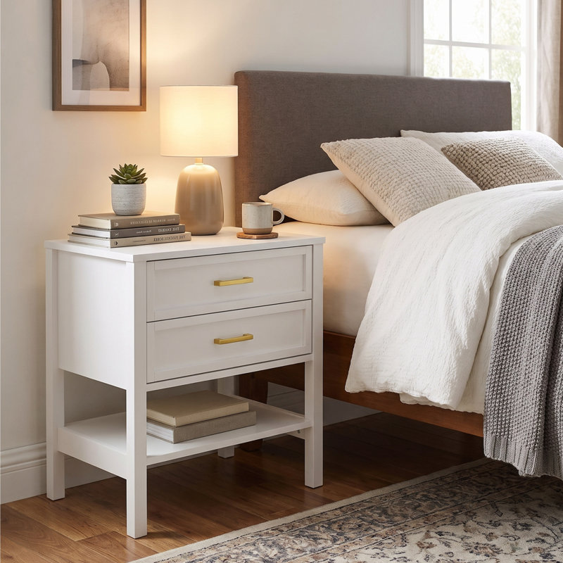 Table de chevet 2 tiroirs Elora, table de chevet avec tiroirs de rangement, table de chevet pour chambre à coucher, table de bout ou table d'appoint pour le salon, P 15,5 po x l 23,6 po x H 24,2 po, blanc