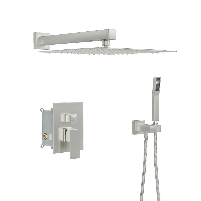 Système de pomme de douche, robinet de douche mural carré en acier inoxydable de 10 pouces avec valve, Nickel brossé