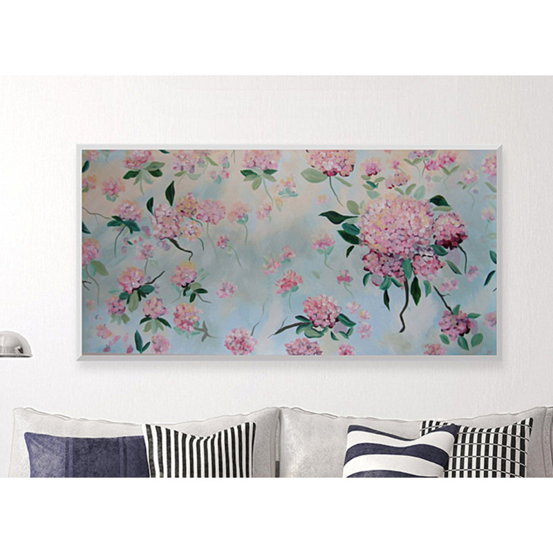 Reproduction d'hortensia par l'artiste locale Janet Burrows, H 15 po x l 27 po, Cadre argenté