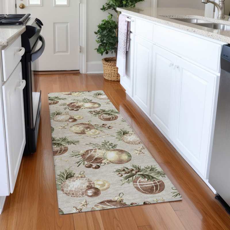 Machine Washable Indoor/Outdoor Christmas Balls Xhevrie Beige Rug, Runner 2'3" x 7'6"