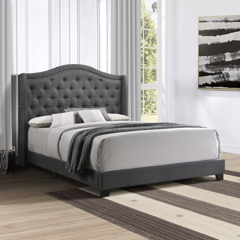 Aquira Upholstered Full Wingback Bed Grey, Full, Gray