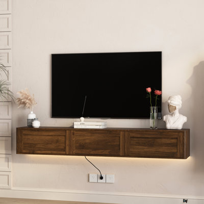Meuble télé mural en bois flottant ultrabrillant pour salon avec lumières à DEL et prise de courant 3 composants de rangement standard à 2 ports Accessoires de jeu 16 - Couleur simple à DEL élégant