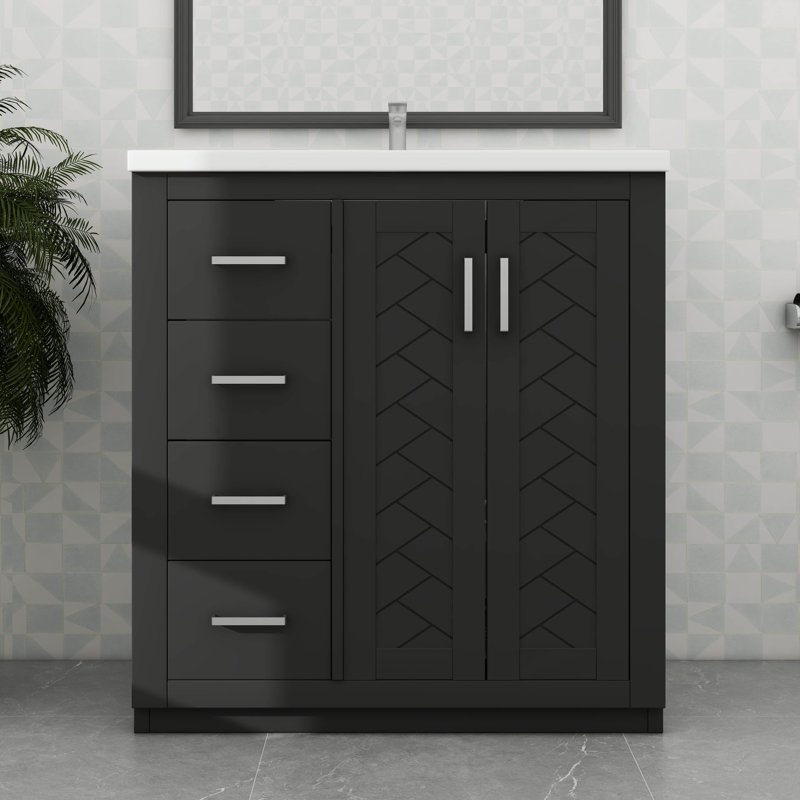 Meuble-lavabo autoportant moderne de 30 pouces avec lavabo simple et 3 tiroirs pour le rangement, Noir, Argent argent