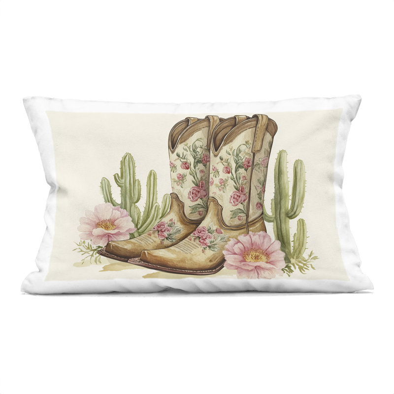 Coussin décoratif à motif floral de bottes et de cactus, par Heidi Kuntz, 14 x 7 x 20