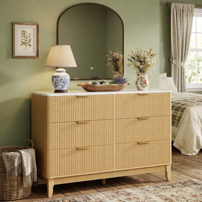 Commode double 47 tiroirs de 47 po de large style Mid-Century moderne avec plateau en marbre et façades en bois